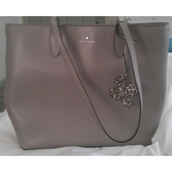 KATE SPADE Kerri Medium Zip Tote Taupe  Smooth Leather Glitter  Charm - Picture 4 of 13